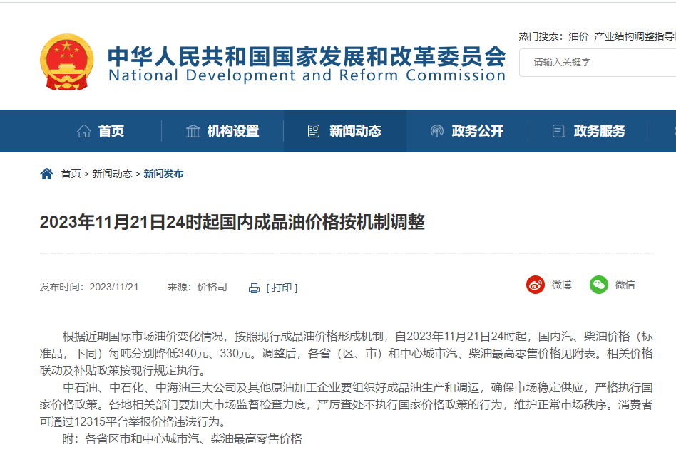 今晚，油價(jià)下調(diào)!附各省汽、柴油最高零售價(jià)